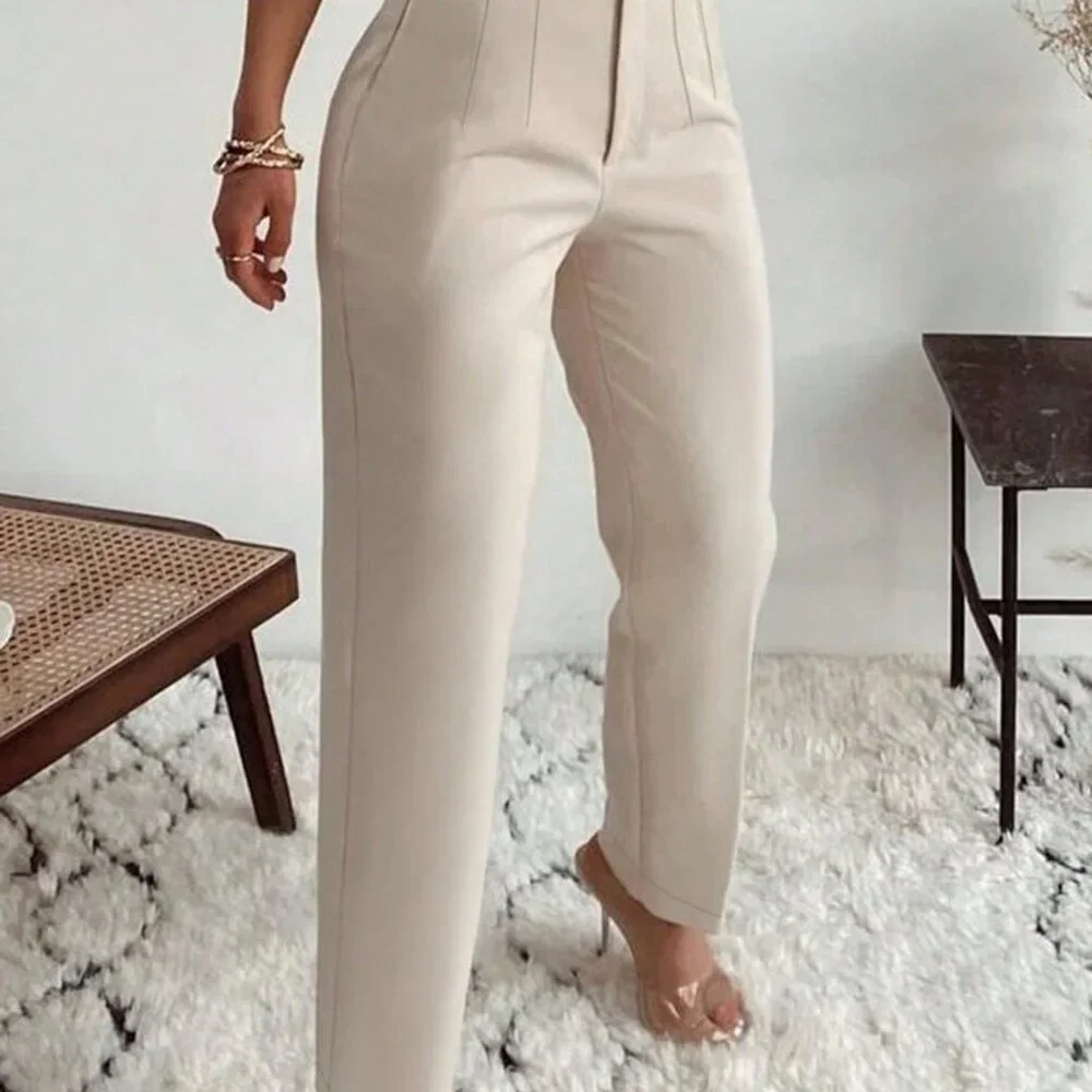 Apricot Casual Women's Elegant Office Pleated Side Pocket Slim-Fit Pants